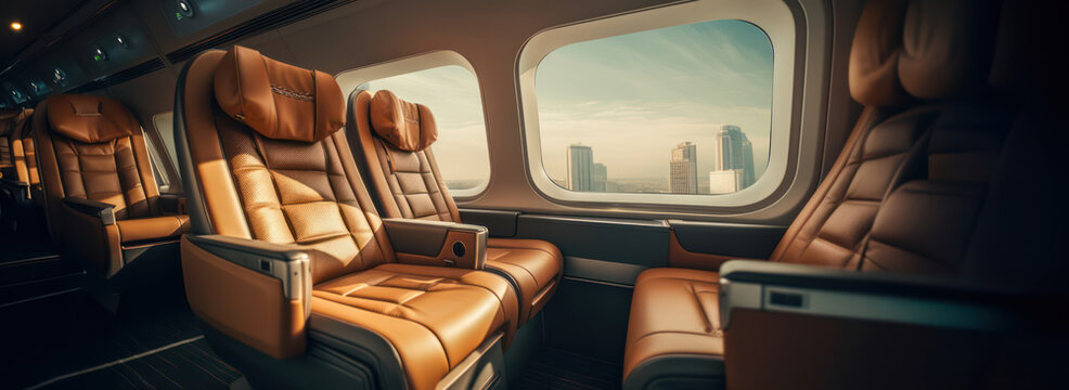 first class or business luxury seats for commute train or tram or corporate airplane travel with copy space area wide banner with copy space area - Generative AI