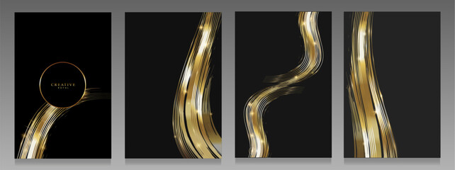 Luxury cover set, black and gold design. Brushstroke, trail, gold ribbon with sparkles and highlights on black backdrop. Abstract elegant style.