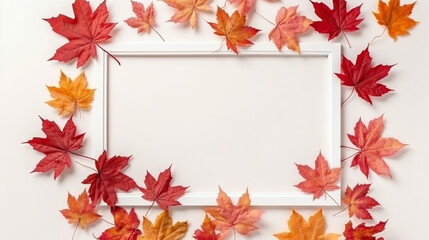 A white frame surrounded by autumn leaves. Generative AI.