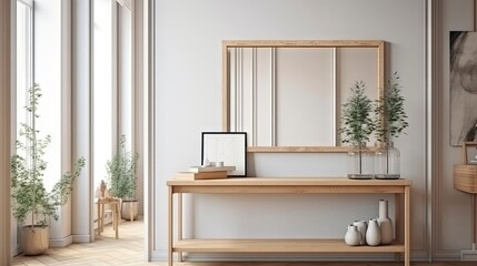 Mockup frame in living room interior,Scandinavian style. Ai generative.