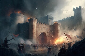 Storming of medieval castle fortress siege of city chaos. Generative AI AIG15. - obrazy, fototapety, plakaty
