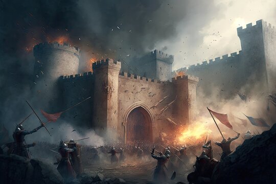 Storming of medieval castle fortress siege of city chaos. Generative AI AIG15.