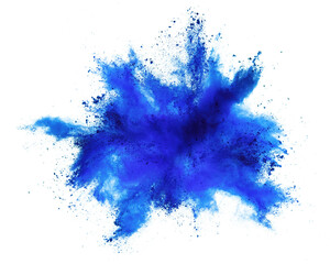 bright blue holi paint color powder festival explosion burst isolated  white background. industrial print concept background