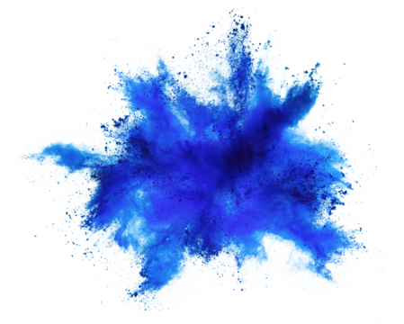 bright blue holi paint color powder festival explosion burst isolated  white background. industrial print concept background