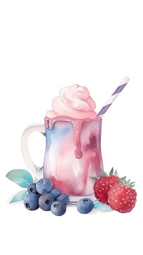 Pink strawberry milkshake with whipped cream and straw in glass. Nearby are fresh strawberries and currant. Watercolor illustration. independence day concept. AI generation Generative AI