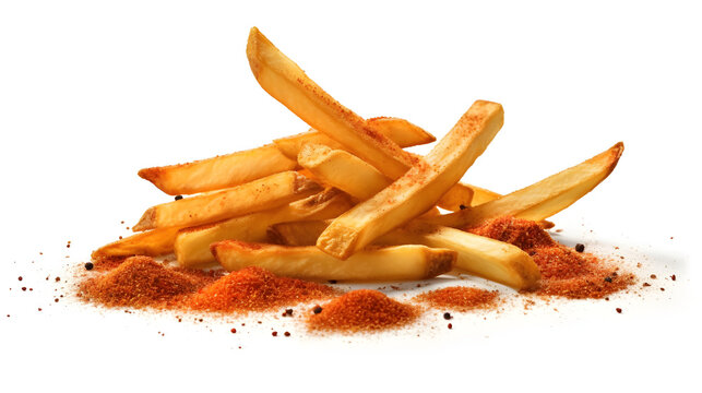 Crisp French fries seasoned with pepper and paprika isolated on white background. Generative AI