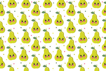 Cute summer seamless pattern with kawaii lovely pears with dots. Cheerful design for kids clothes with sweet pears fruits characters on white background 