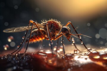 A close up of a mosquito sitting on a drop
