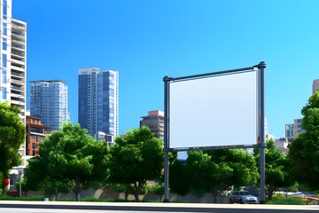 Obraz premium Blank space billboard in a beautiful modern city with blue sky - Template design theme - Generative AI
