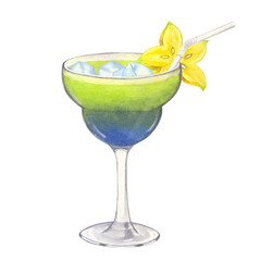 Blue green beach cocktail with carambola, ice. Summer tropical drink. Party time. Hand-drawn watercolor illustration on white background. For cafe restaurant bar menu