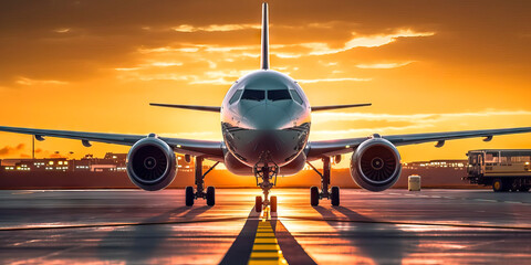Airplane, Sunset Soar.  Passenger Aircraft on the Runway, Poised for Takeoff into the Vibrant Evening Sky  Generative AI.