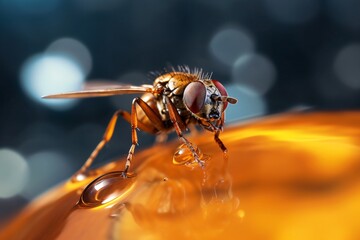 Fototapeta premium A fly sitting on a drop of water
