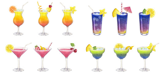 Banner beach cocktail pink orange green. Summer tropical drink. Party time. Hand-drawn watercolor illustration on white background. For cafe restaurant bar menu