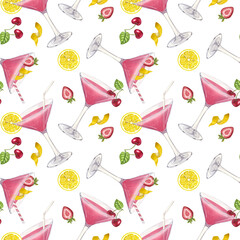 Seamless pattern pink beach cocktail, strawberry, lemon, cherry. Summer tropical drink. Party time. Hand-drawn watercolor illustration on white background. For cafe restaurant bar menu