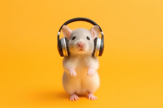 cute little mouse in headphones on a yellow background. copy space. postcard. place for your text.Generative AI
