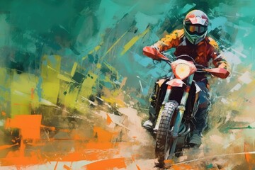 Awesome painting of extreme motorcycle rider on a dirt trail. Digital artwork. 