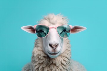 Cool sheep wearing blue sunglasses. 