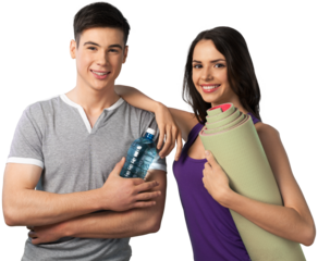 Young couple with a bottle of water and yoga mat