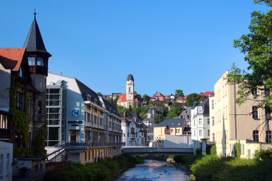 Aue-Bad Schlema, Germany - June 4, 2023: View of Zwickauer Mulde river in Aue, a small town in Germany in the Ore Mountains, Saxony.