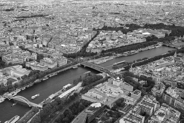 A View of the Seine River from the top of the Eiffel Tower in Black and White