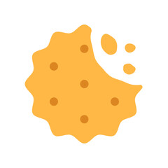 Flat round crispy cracker with chips isolated on white background. Salted crunchy meal symbol or logo minimal design. Yellow baked wheat dessert with crumb. Broken cheese cookie vector illustration.