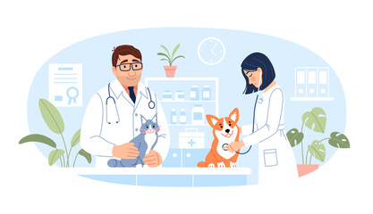 Veterinary clinic concept. Young male, female veterinarians with dog and cat are doing veterinary exam on hospital background. Cute animal diagnostics design Flat line pet medicine vector illustration