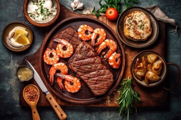Obraz na płótnie Canvas stock photo of Surf and turf ready to eat in the plate Food Photography AI Generated