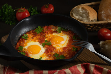 Shakshuka from two eggs in tomato sauce with fresh tomatoes, spices and herbs in a black frying pan. Close-up scrambled eggs