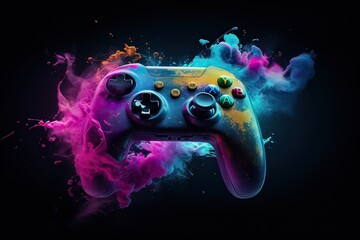 Wallpaper style gamepad portrait, decorated with colored lights or colored smoke. Generative Ai