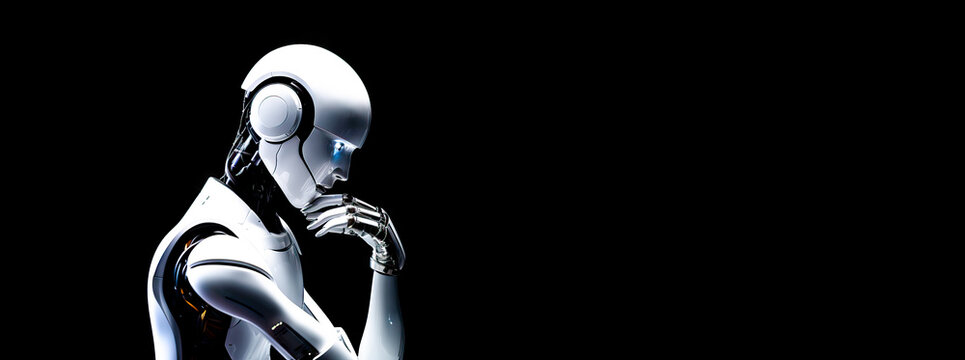 Generative AI.  An AI Robot Deep in Thought, Pondering the Complexities of the Future on a Black Background