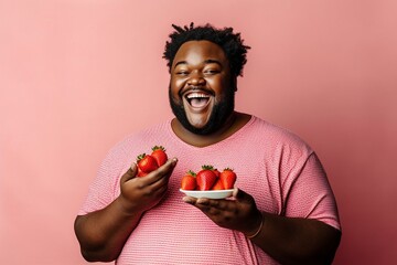 A plump black man happily eats strawberries from a plate. Ai generated.