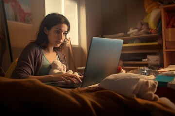 A woman with her baby in her arms breastfeeding him, while she has the obligation to continue working remotely in her American company. Ai generated.