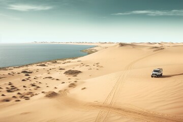 Fototapeta na wymiar An SUV drives through the dunes of Dakar, a desert for tourists. Ai generated.