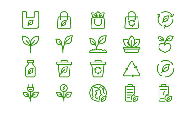 A set of environmental icons with green color. nature and clean energy icon bundle. icon set for presentations, apps, websites, and many other