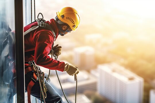 An operator hangs down outside a building, secured with harnesses, an expert in industrial mountaineering. Ai generated.