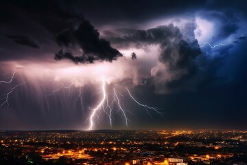 Naklejka na ściany i meble Menacing storm clouds, cast lightning over the city. Ai generated.