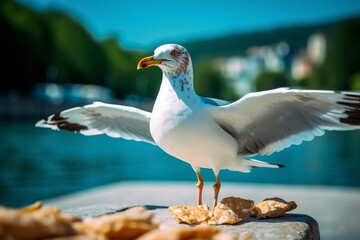 Seagull pecks the food left on the ground. Ai generated.