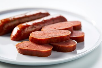 Slices of vegan sausage, with vegetable meat and soy. Ai generated.