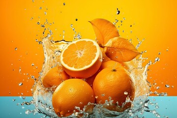 Fototapeta na wymiar Slices of oranges splash into a glass of refreshing juice. Ai generated.