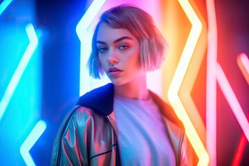 vibrant fashion as a young model strikes poses amidst neon lights and dons futuristic plastic clothing. AI Generated.