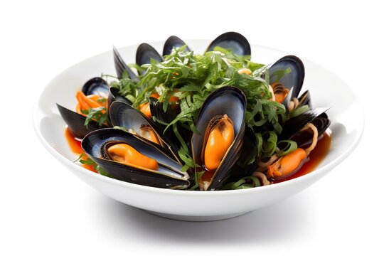 Plate of juicy steamed mussels, on white background. Ai generated.