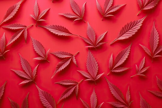 Red background with pattern of images of marijuana leaves. Ai generated.