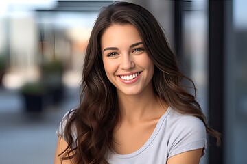 Young brunette female college student looking at the camera smiling. Generative AI	
