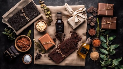 Fototapeta na wymiar natural cosmetic. Spa skin care ingredients for chocolate wraps. Cocoa powder, chocolate, milk, cinnamon, clean and towels close-up on a dark background. Generative AI