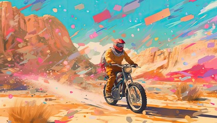 Bike rider, in the style of colorful abstract landscapes