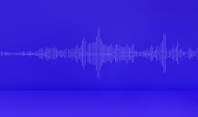 Sound wave on blue purple studio background. Podcast, live, streaming, creator content.