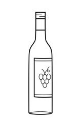 A bottle of wine.  Sketch outline icon of  bottle with a drink and a label with grapes. Isolated vector illustration in doodle line style.