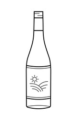 Wine bottle. A bottle of drink with a landscape illustration on the label. Isolated vector illustration in doodle line style.