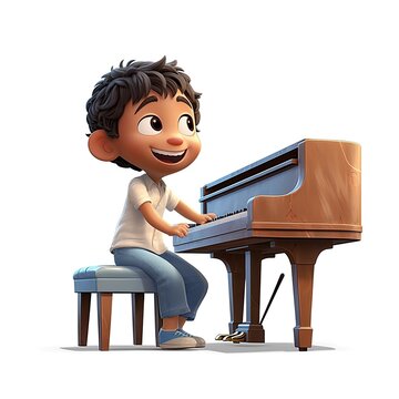 Beautiful boy cartoon style, sitting playing my cute little piano, keyboard - generative AI illustration