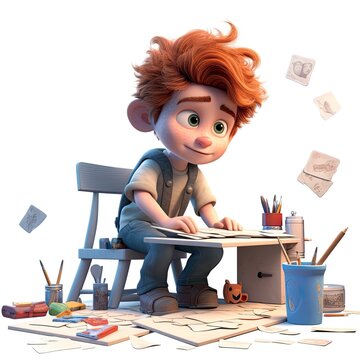Beautiful boy cartoon style, painting and drawing on a table with their colors - generative AI illustration